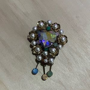 Large gorgeous AB iridescent crystal heart and rose brooch